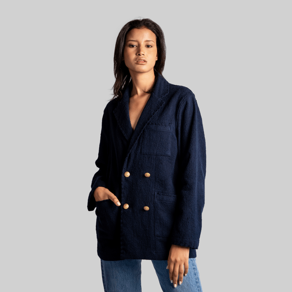 Handwoven Navy Double - Breasted Jacket with Mettalic Buttons - RES IPSA