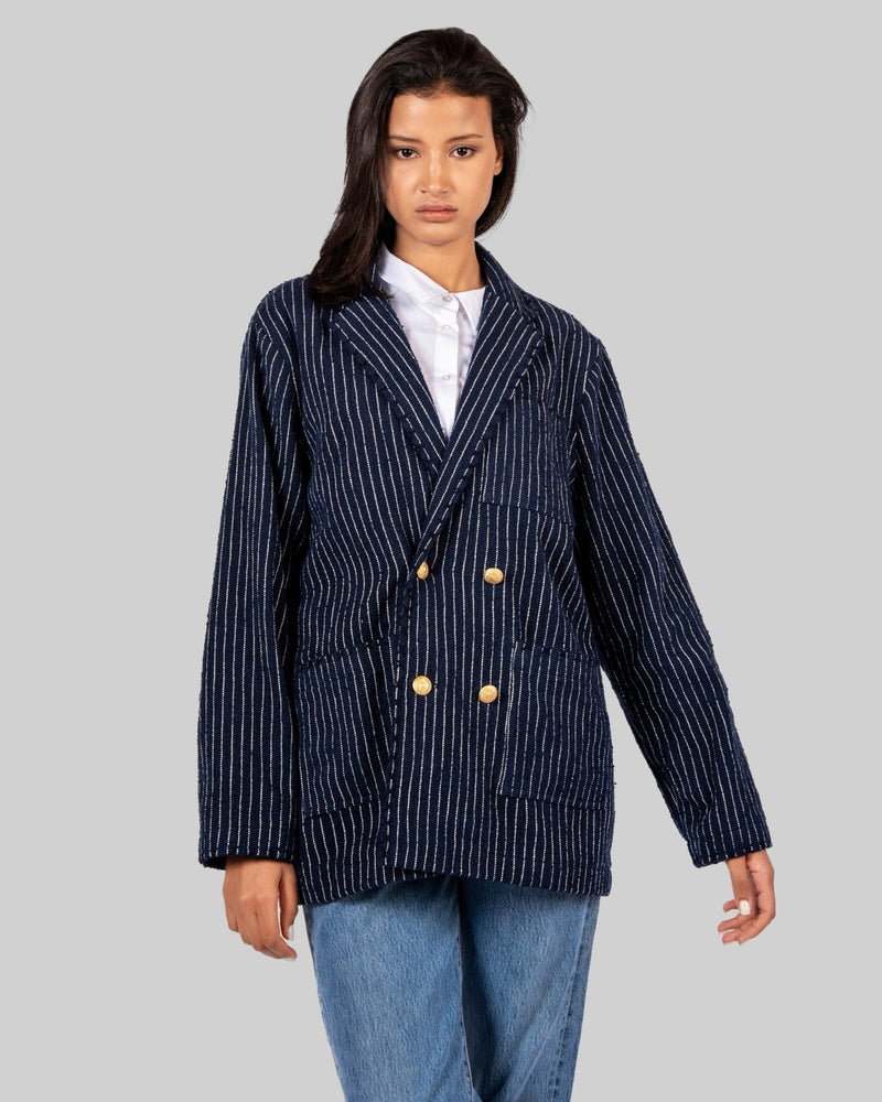 Handwoven Pinstripe Double - Breasted Jacket with Metallic Buttons - RES IPSA