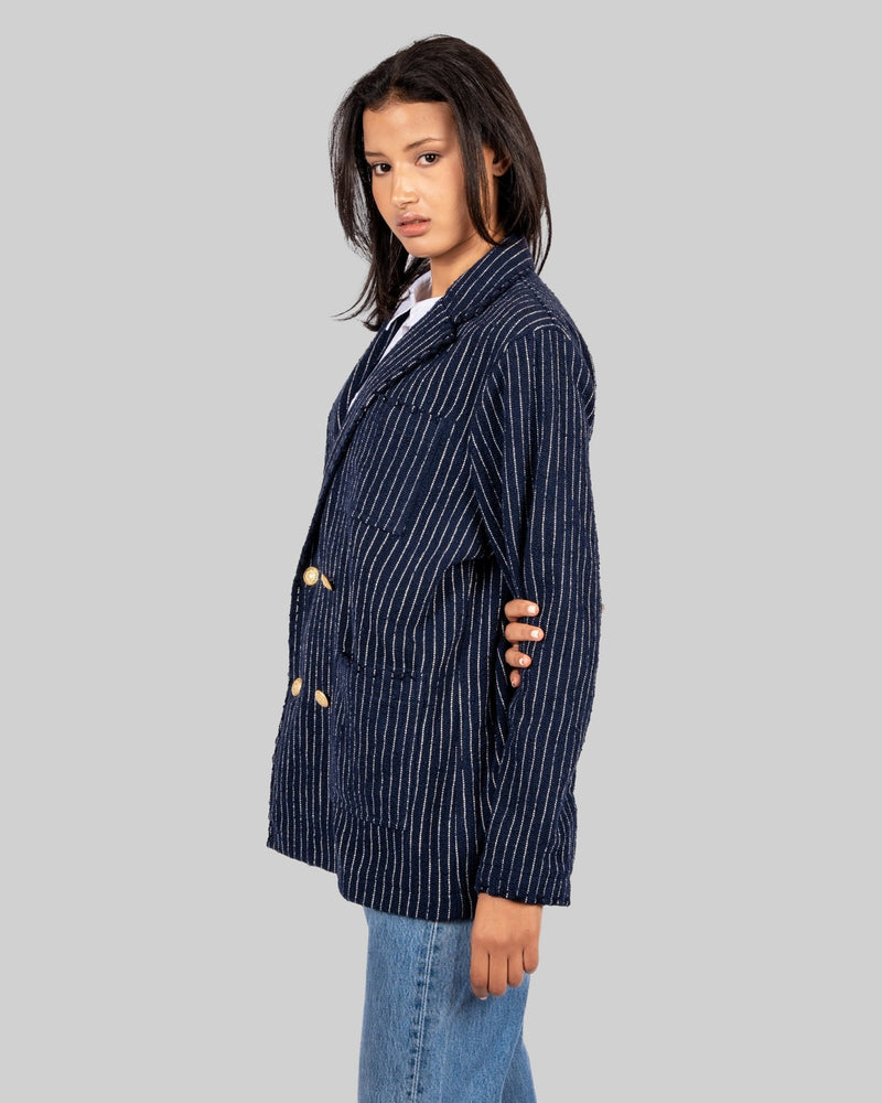 Handwoven Pinstripe Double - Breasted Jacket with Metallic Buttons - RES IPSA