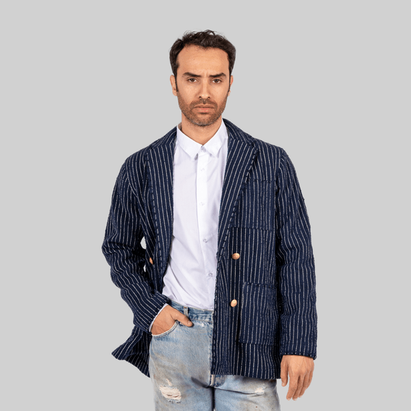 Handwoven Pinstripe Double - Breasted Jacket with Metallic Buttons - RES IPSA